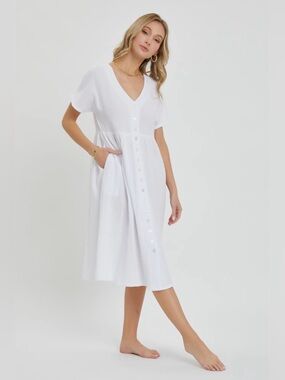 White Gauze Button-Front Midi Dress - 763-766